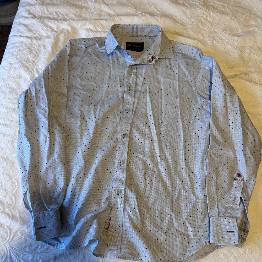 Robert Graham Men's Light Blue Dot Print Casual Button-Down Shirt Large